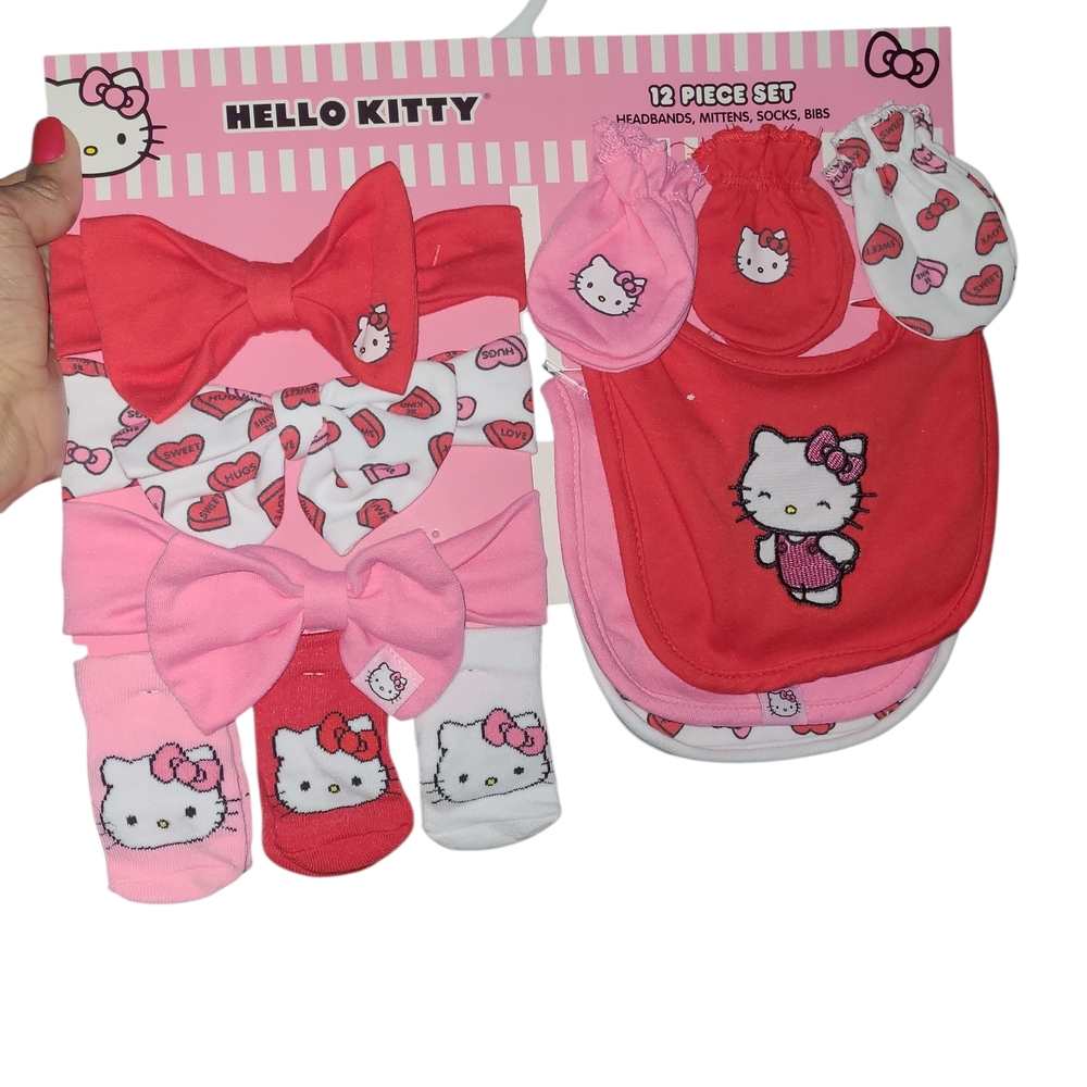 Hello Kitty 12pc Pink and Red  Accessories Set - Socks-Mittens-Bibs-Headbands